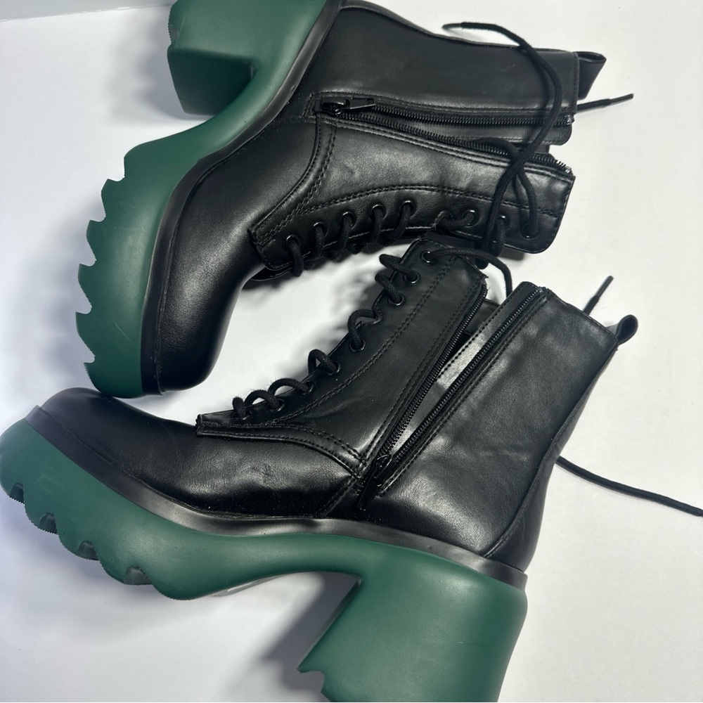 Black Lace-Up Platform Boots with Green Chunky Sole